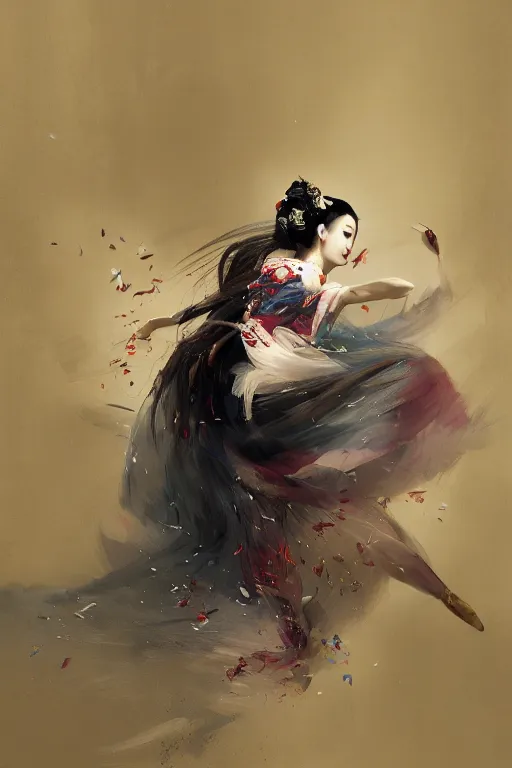 Image similar to geisha prima ballerina dancing in the wind, intricate, elegant, volumetric lighting, digital painting, highly detailed, artstation, sharp focus, illustration, concept art, ruan jia, steve mccurry