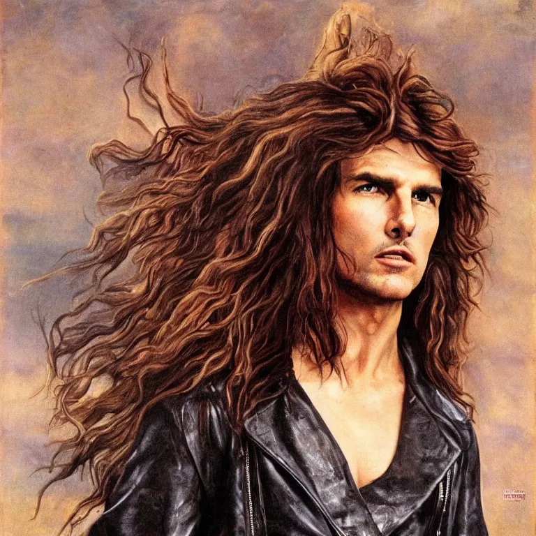 Prompt: Pre-Raphaelite portrait of Tom Cruise as the leader of a cult 1980s heavy metal band, with very long blond hair and grey eyes, leather jacket. bra, large breasts, high saturation