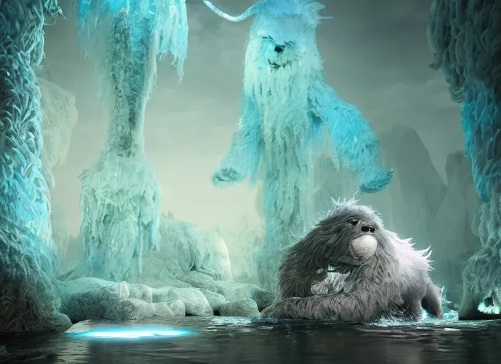 Image similar to bioluminescent furry yeti on a angelic biome, fantasy, hyper realism, wet reflections, intricate, digital art, detailed, studio shot, unreal engine 5, octane, high definition, smooth, artstation, behance