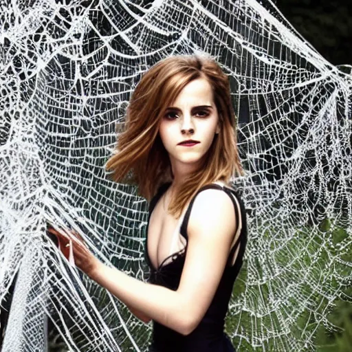 Image similar to emma watson entangled and stuck in spider web