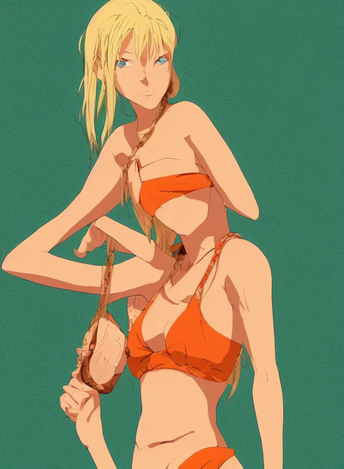 Image similar to beautiful blond woman in orange tribal bikini, blond hair pulled back off the face, green eyes, by makoto shinkai, 8 k, high resolution render, cinematic color grading, clean lineart and flat color,