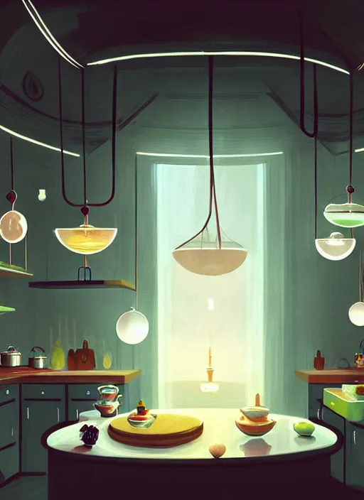 Image similar to high depth, collective civilization kitchen, calm, healing, resting, life, hybrids, scifi, soft white glowing lights, published concept art, art in the style of all and none and everything and infinity, clowdy day