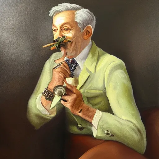 Prompt: an oil painting of an owl man sitting on a couch smoking a pipe, realistic