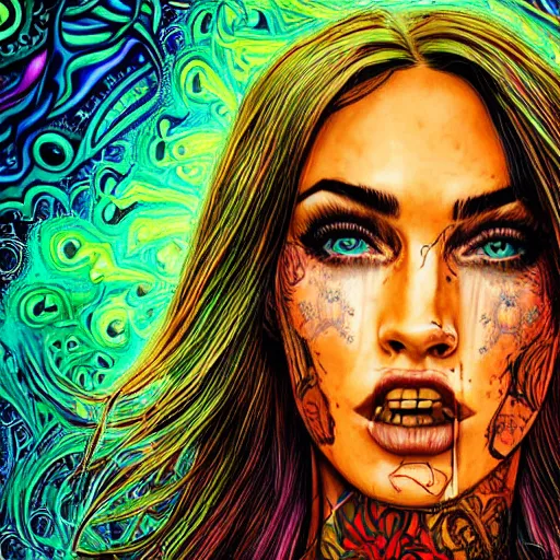 Prompt: an extremely psychedelic portrait of megan fox as mgk, surreal, lsd, face, detailed, intricate, elegant, lithe, highly detailed, digital oth, sharp focus, illustration,