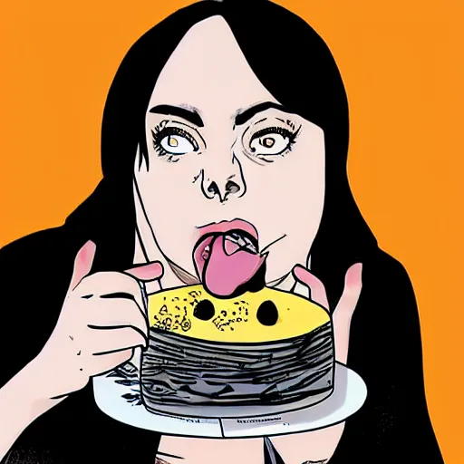 Image similar to Obese Billie Eilish eating cake in the style of Sandman comic