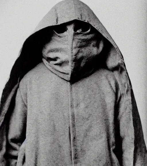 Prompt: a man at distance wearing hooded beaked mask covering his entire face, full body portrait at distance, ww1 film photo, grainy, high detail, high resolution