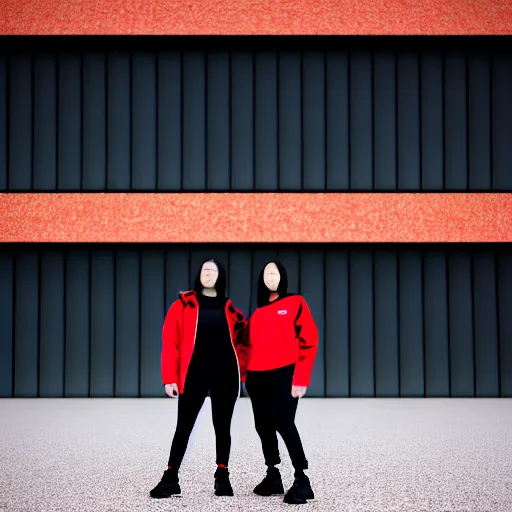 Prompt: photograph of 2 women wearing black techwear in front of a brutalist sharp - edged metal building, on a desolate plain, red eerie sky, sigma 8 5 mm f / 1. 4, 4 k, depth of field, high resolution, highly detailed, 4 k, 8 k, hd, full color