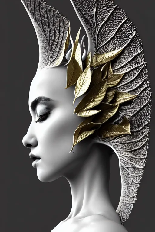 Image similar to monochrome close - up profile face, black background, beautiful young porcelain vegetal - dragon - cyborg - female, 1 5 0 mm, beautiful natural soft rim light, silver gold details, magnolia leaves and stems, roots, mandelbot fractal, elegant, hyper real, ultra detailed, white metallic armour, octane render, 1 6 k