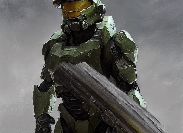 Image similar to concept art oil painting of Master Chief (Halo) by Jama Jurabaev, extremely detailed, brush hard, Atmospheric lighting, artstation