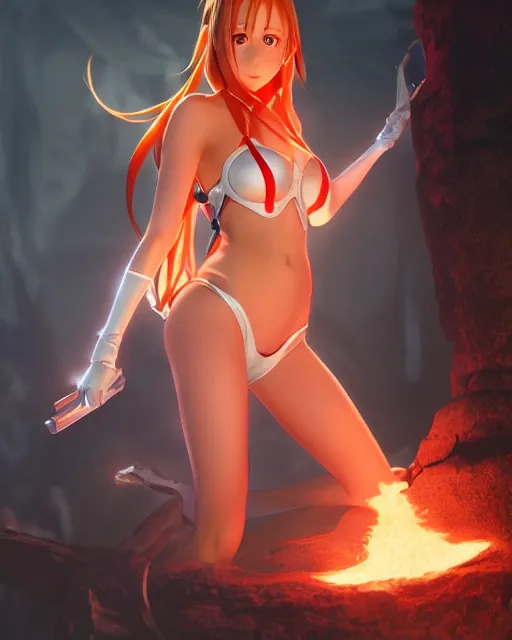 Image similar to pinup photo of asuna from sao in flame dungeon, asuna by a - 1 pictures, by greg rutkowski, gil elvgren, enoch bolles, glossy skin, pearlescent, anime, very coherent, maxim magazine, 3 d, vray, unreal 5, octave rendey, maya, cgsociety