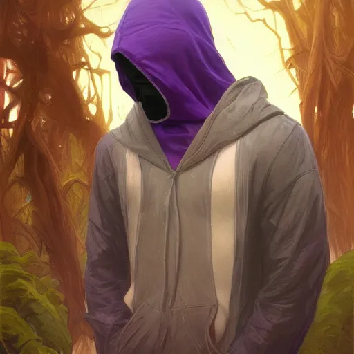 Image similar to ultra realistic illustration, man in a black hood, in a striped purple balaclava, mysterious, highly detailed, digital painting, artstation, concept art, smooth, sharp focus, illustration, art by artgerm and greg rutkowski and alphonse mucha