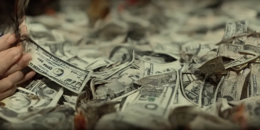 Image similar to a film still of cash money on fire while piling up in a vault, shallow depth of field, cinematic, award winning cgi, vfx, film still