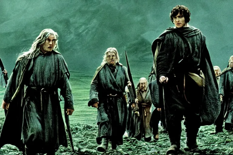 Image similar to movie still from the lord of the rings directed by ridley scott in the style of h. r. giger, frodo and sam leave the shire, dark landscape, cinematic, cinemascope