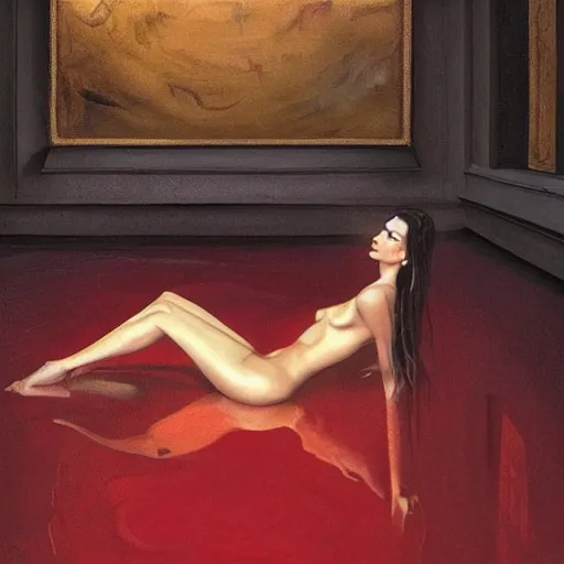 Prompt: Emily Ratajkowski full body laying in a blood red pool of water between a golden mirror frame, outside is space and inside the mirror frame is a beautiful landscape. physically accurate, dynamic lighting, intricate, elegant, highly detailed, digital painting, artstation, HR GIGER, Hieronymus Bosch, Francis Bacon, concept art, smooth, sharp focus, illustration, Hyperrealistic surreal 4K IMAX Rene Margritte intricate, elegant, highly detailed, digital painting, artstation, concept art, smooth, sharp focus, illustration, art by artgerm and greg rutkowski and alphonse mucha