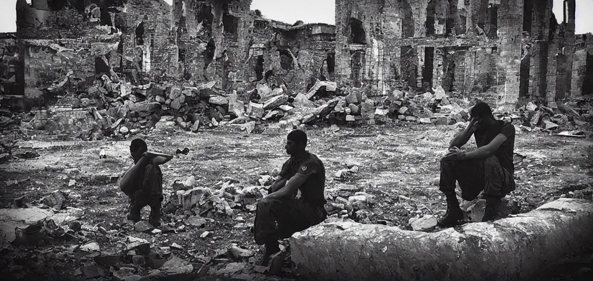 Image similar to “sad soldier, sitting alone, smoking a cigarette, looking at the ruins of his city from a hill”