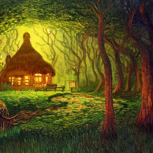 Image similar to mysterious detailed painting of a cozy woodland cottage in the woods at night, surrounded by giant glowing mushrooms, in the style of studio ghibli and moebius and claude monet and edward hopper and vincent van gogh