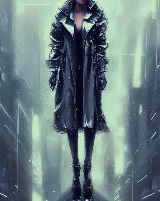 Image similar to detailed European Pretty Young Girl Storm Rain bladerunner movie Jacket coat, Futuristic sci-fi fashion, royal attire, low-emission-neon by ismail inceoglu dragan bibin hans thoma greg rutkowski Alexandros Pyromallis Nekro Rene Margitte illustrated Perfect face, sharp chine, fine details, realistic shaded, fine-face, pretty face