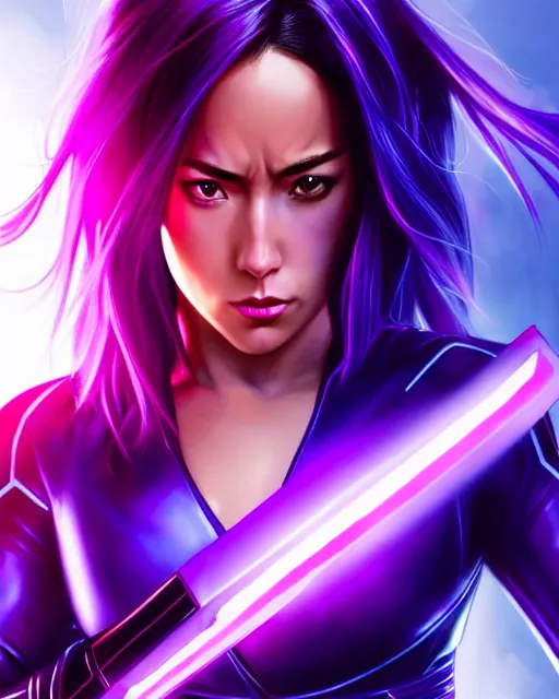 Image similar to Psylocke Chloe Bennet long hair, holding purple Halo energy sword, realistic character concept, action pose, comic book, illustration, slender symmetrical face and body, artstation, cinematic lighting, hyperdetailed, artgerm, 8k, Rafeal Albuquerque comic book art, single face, insanely detailed and intricate, beautiful