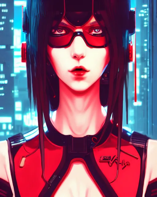 Image similar to a comic potrait of a cyberpunk cyborg girl with black and red parts, fine - face, realistic shaded perfect face, fine details. night setting. very anime style. realistic shaded lighting poster by ilya kuvshinov katsuhiro, unreal engine, global illumination, radiant light, detailed and intricate environment