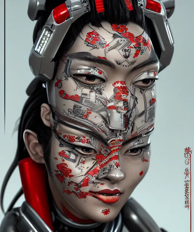 Image similar to an epic fantastic realism comic book style portrait painting of a japanese robotic geisha with kanji tattoos and decals, apex legends, octane render, intricate detail, 4 k hd, unreal engine 5