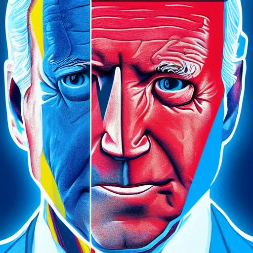 Image similar to portrait of asphalt face, joe biden, primary colors, faceted reflections, angry looking at camera, lasers shooting out of eyes, outdoor, black sky, 8 k, realistic, depth of field, highly detailed, award winning photography.