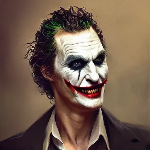 Image similar to matthew mcconaughey as joker, painted by wenjun lin, greg rutkowski