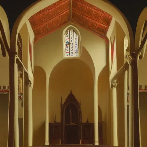 Image similar to golden goat with large horns inside a church with large glowing cross, painted by Quint Buchholz and Carl Gustav Carus