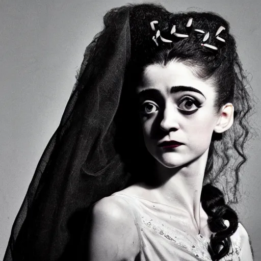 Image similar to natalia dyer as the bride of frankenstein, universal, movie, photography, portrait, beautiful,
