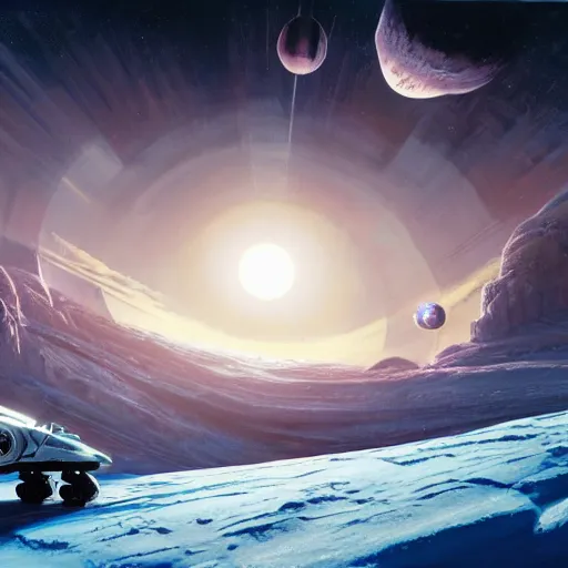 Image similar to beautiful matte painting of an exploration exocraft vehicle on a frozen alien world, ringled planet seen above in the clouds, ravine in front, cinematic angle, cinematic lighting, blue sky, by Syd Mead, John Harris, Federico Pelat, Star Citizen, Battlestar Galactica
