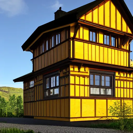 Image similar to a modern half - timbered house on the foot of elbrus mountain a digital rendering by schelte a bolswert, featured on polycount, de stijl, reimagined by industrial light and magic, angular, symmetrical