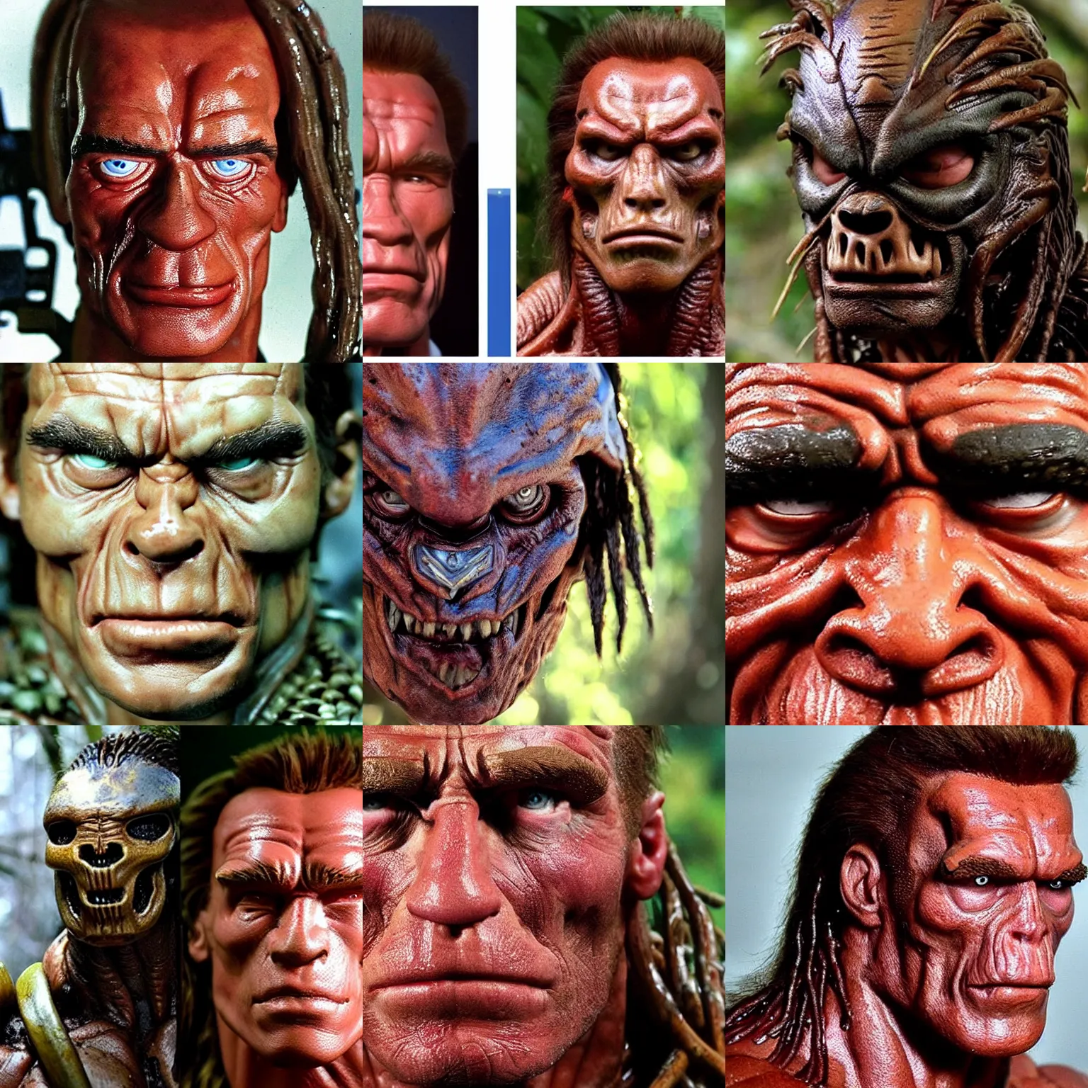 Prompt: head very realistic!!!! close up human face arnold schwarzenegger in predator costume , close up detailed movie still from the predator in the jungle