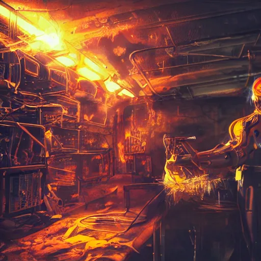 Image similar to cyborg with gatlinger gun hands, tangles of metallic cables, dark messy smoke - filled cluttered workshop, dark, dramatic lighting, orange tint, sparks, plasma charges, cinematic, highly detailed, sci - fi, futuristic, movie still