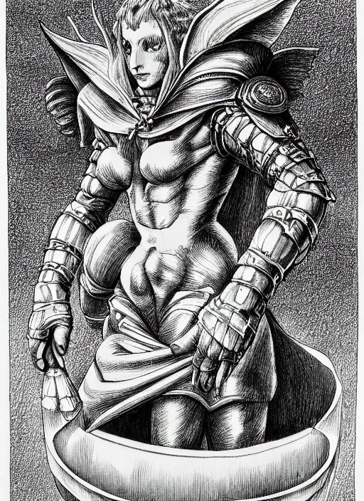 Image similar to line art pencil drawing of medieval half insect half woman chimera, very exaggerated fisheye perspective, art by shinichi sakamoto and kentaro miura