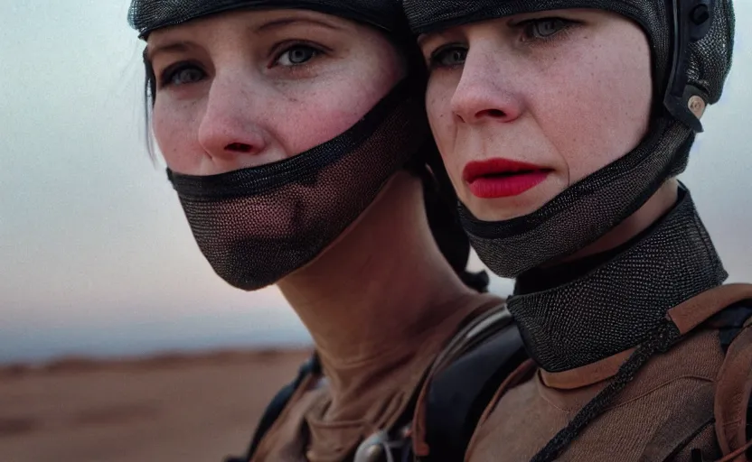 Image similar to cinestill 5 0 d photographic portrait by helen levitt of a female android couple wearing rugged black mesh techwear on a desolate plain, extreme closeup, modern cyberpunk, dust storm, 8 k, hd, high resolution, 3 5 mm, f / 3 2, ultra realistic faces, ex machina