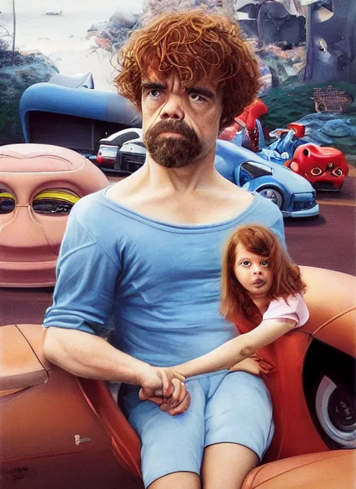 Image similar to ultrawide angle colour portrait masterpiece photography of peter dinklage driving a little tikes crazy coupe by annie leibovitz michael cheval miho hirano moebius josh kirb