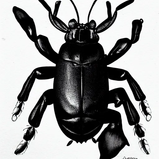 Image similar to horned beetle, black and white, botanical illustration, black ink on white paper, bold lines