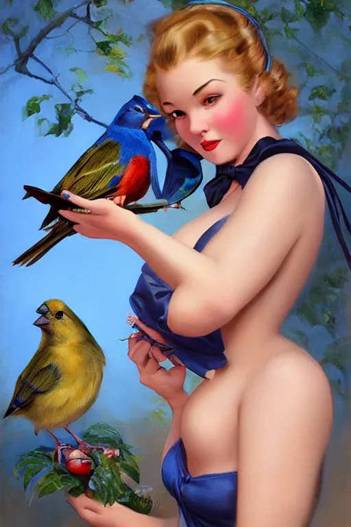 Prompt: hyper realistic painting, pinup girl holding an indigo bunting, bird, the bird is wearing a bowtie, by greg rutkowski, rossdraws, gil elvgren, enoch bolles, anime, artgerm, porcelain skin, glistening, very coherent,