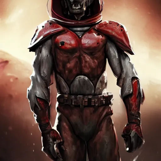 Image similar to full body shot of a muscular soldier vertical nose slits, angular eyebrows, blood - spattered glossy sleek white dinged scuffed armor and a long torn red cape, heroic posture, battle - weary, strained expression, determined expression, no helmet, on the surface of mars, dramatic lighting, cinematic, sci - fi, hyperrealistic, detailed