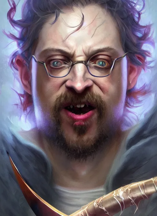 Image similar to close-up of character concept portrait of an Sam Hyde wizard conjuring a violent void multiversal spell, a floating iridescent blade sword of chaos from God of War in the center, intricate, elegant, digital painting, concept art, smooth, sharp focus, illustration, from Metal Gear, by Ruan Jia and Mandy Jurgens and William-Adolphe Bouguereau, Artgerm