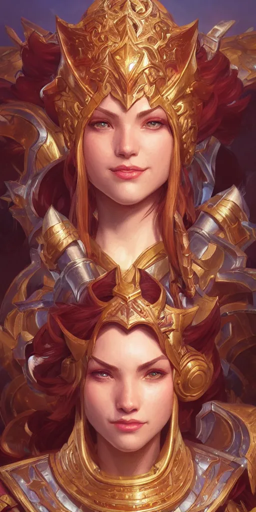 Image similar to portrait of a warrior smiling upon victory, league of legends, intricate, highly detailed, digital painting, hyperrealistic, artstation, concept art, smooth, sharp focus, illustration, Unreal Engine 5, 8K, art by artgerm and greg rutkowski and alphonse mucha, by Jesper Ejsing