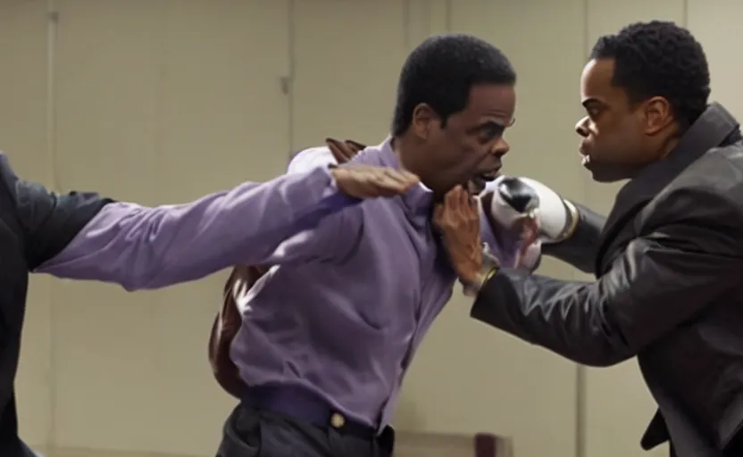 Image similar to movie still of prince of bell air punching chris rock in the face