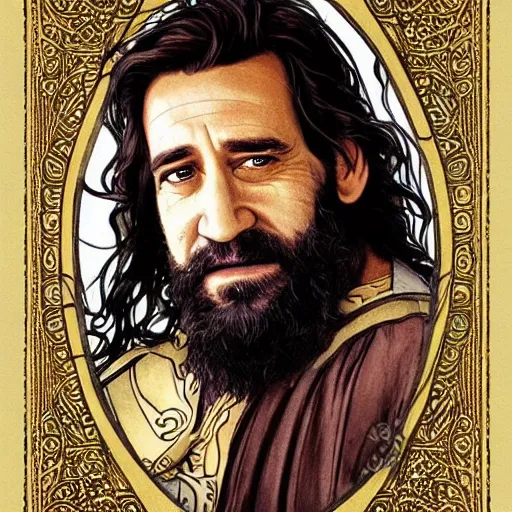 Image similar to art nouveau portrait of clive owen as a dwarven barbarian with full luscious groomed beard, long flowing dark hair, a cheeky smile, gold filigree, mucha