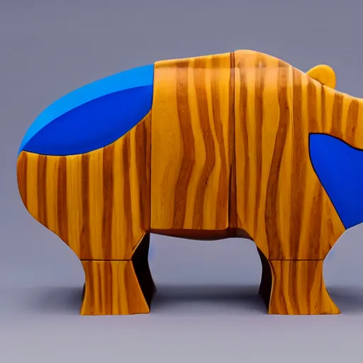 Image similar to a minimalist curvy shaped sculpture of hippopotamus!, ( ( wood ) ) and ( ( blue epoxy ) ) on top mix, cubic blocks stripes cuts, side view profile centered, studio, design, object, reddit