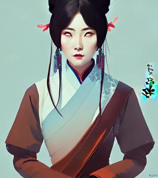 Image similar to portrait of a chinese female immortal in amazing chinese dress 汉 服 by atey ghailan, by greg rutkowski, by greg tocchini, by james gilleard, by joe fenton, by kaethe butcher, dynamic lighting, gradient light blue, brown, blonde cream and white color scheme, grunge aesthetic