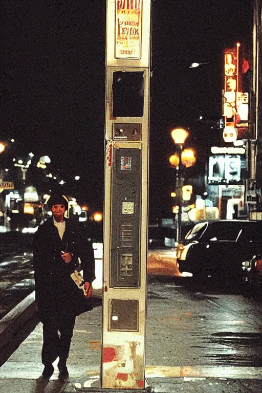 Prompt: an award - winning movie poster for a movie called senor featuring a junkie making a payphone call in a thunderstorm in queens at night in the 1 9 9 0 s