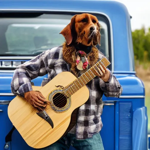 Image similar to A folkpunk hound dog playing the guitar in front of a pickup truck