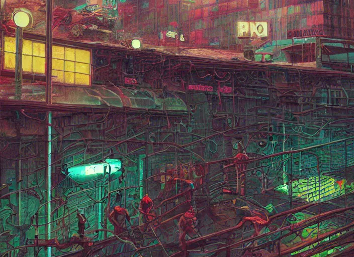 Image similar to reptile people exterior parking garage, bright cyberpunk neon, in the style of jeremy enecio, intricate, miles johnston, monet, cynical realism, john william godward, painterly, yoshitaka amano, miles johnston, louise zhang, pekka halonen, finnish naturalism, realism