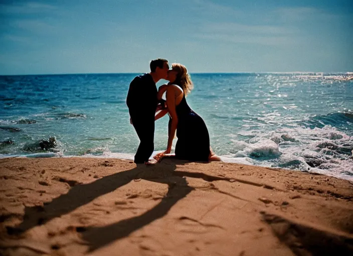 Image similar to A hyper realistic and detailed photography of a couple kissing from movie Here to Eternity, laying on secluded beach. by Cameron Hammond. 1955. Cinematic. Golden Hour. Kodak Portra 400. Lens flare. 35mm lens