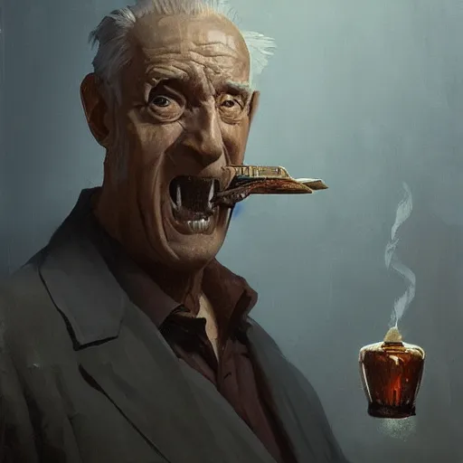 Image similar to old man portrait, hand grenade in his teeth, greg rutkowski art