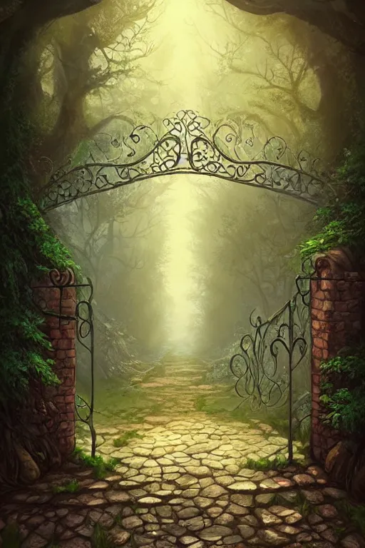 Prompt: A beautiful ultra detailed matte painting an old iron gate and path leading to the forest, by Cyril Rolando, David Wiesner, unreal engine, trending on artstation